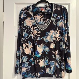 Johnny Was Floral V-Neck Blouse in Black and Blue